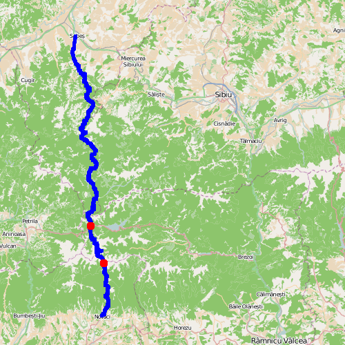 Transalpina (67C) z zaznaczonym skrzyżowaniem z drogą 7A i przełęczą Urdele (2013)