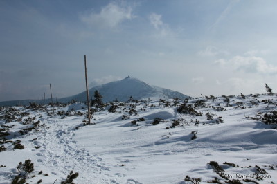 Droga zimowa od schroniska Strzecha Akademicka w kierunku Przełęczy Pod Śnieżką - widok na Śnieżkę