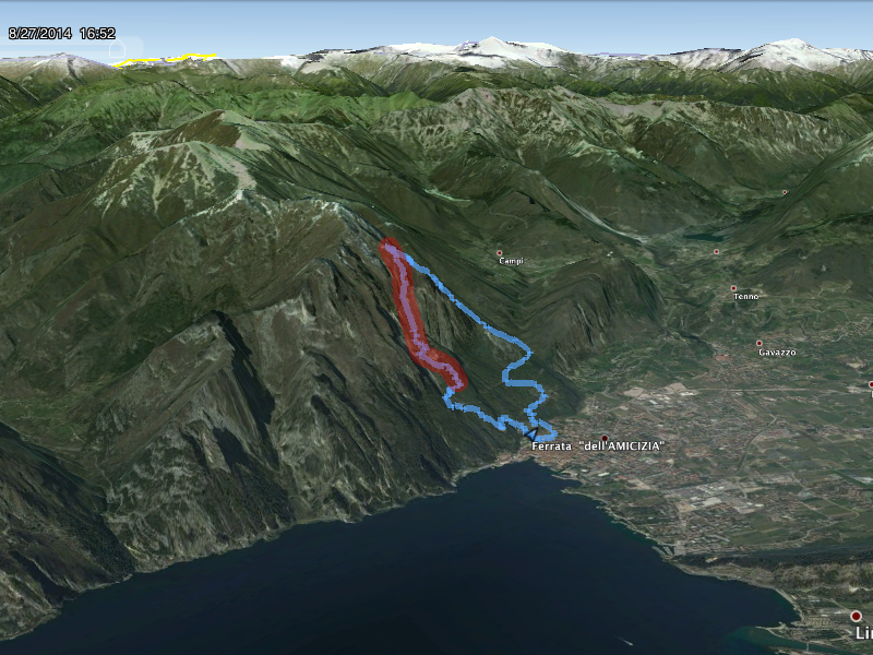 Widok trasy w Google Earth, na czerwono zaznaczony fragment ferraty