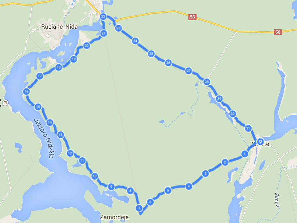 Mapa trasy wzdłuż jeziora Nidzkiego