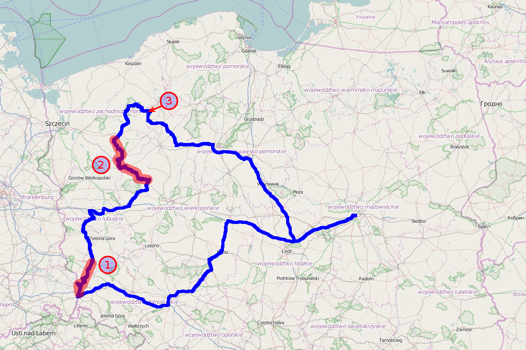 Mapa trasy: 1 - Bory Dolnośląskie, 2: Puszcza Notecka i Drawska, 3: Borne Sulinowo