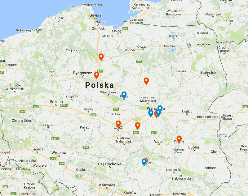 Mapa startów 2016: MTB Mazovia (czerwone) i Poland Bike (niebieskie)