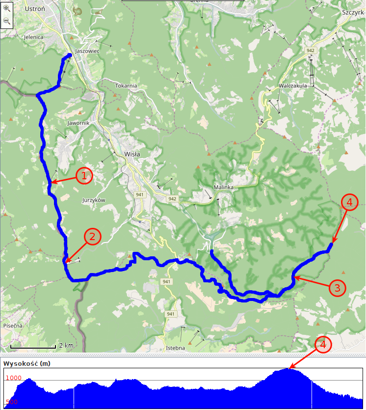 Ścieżka GPS z zaznaczonymi noclegami i Baranią Górą
