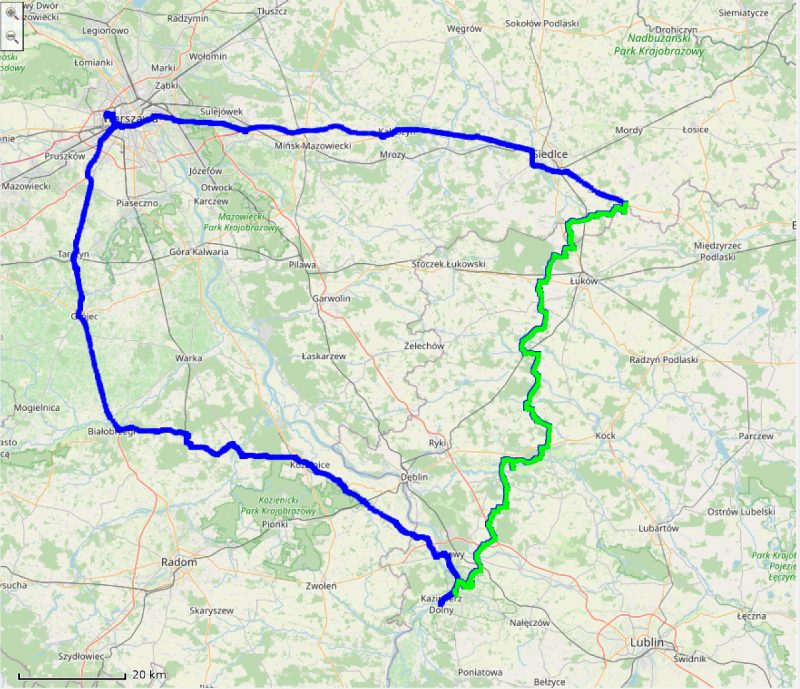 Trasa wycieczki, zaznaczony odcinek Zawady - Bochatnica