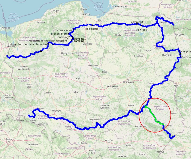 Trasa TET z zaznaczonym odcinkiem Bochatnica - Szczebrzeszyn