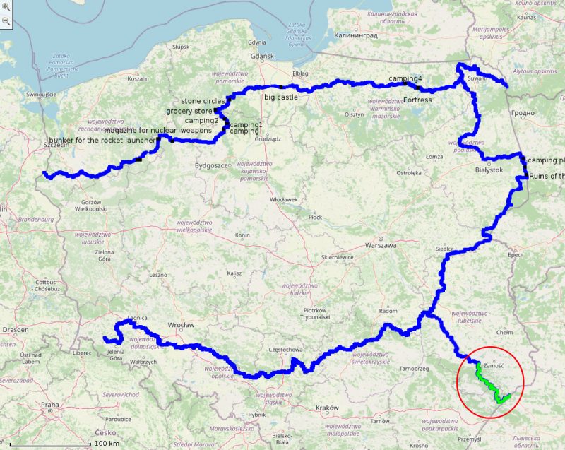 Trasa TET z zaznaczonym odcinkiem Szczebrzeszyn – Hrebenne