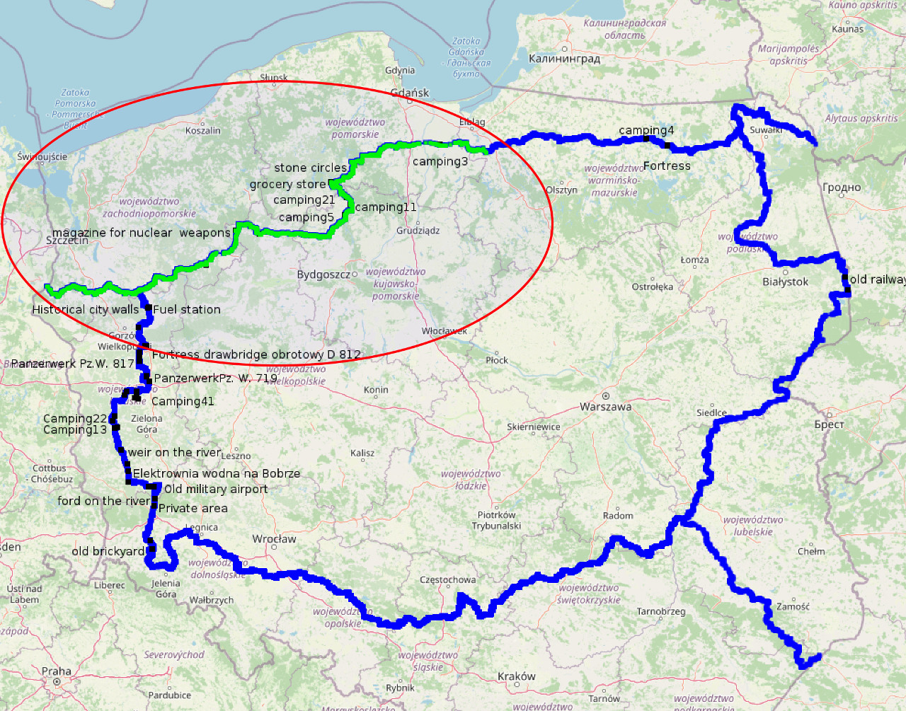 Trasa TET w Polsce z zaznaczonym odcinkiem Pasłek - Tuchola - Myślibórz - granica niemiecka 